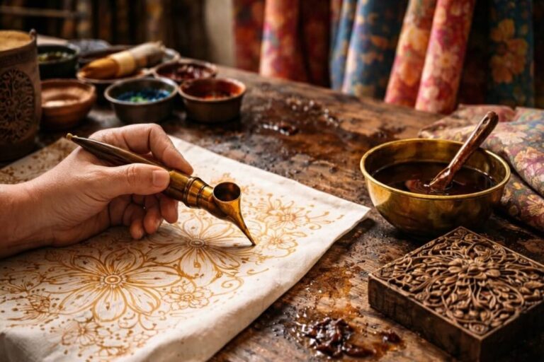 Kain batik bermotif tradisional yang mencerminkan asal usul batik sebagai seni warisan Nusantara.